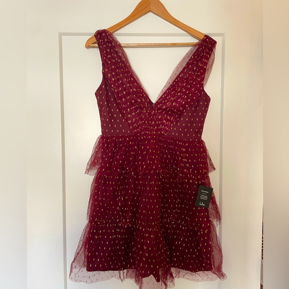 Lulus Burgundy Tulle Dress with Gold Accents - Brand New